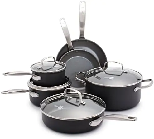 

Hard Anodized Healthy Ceramic Nonstick 10 Piece Cookware Pots and Pans Set, PFAS-Free, Dishwasher Safe, Oven Safe, Gray