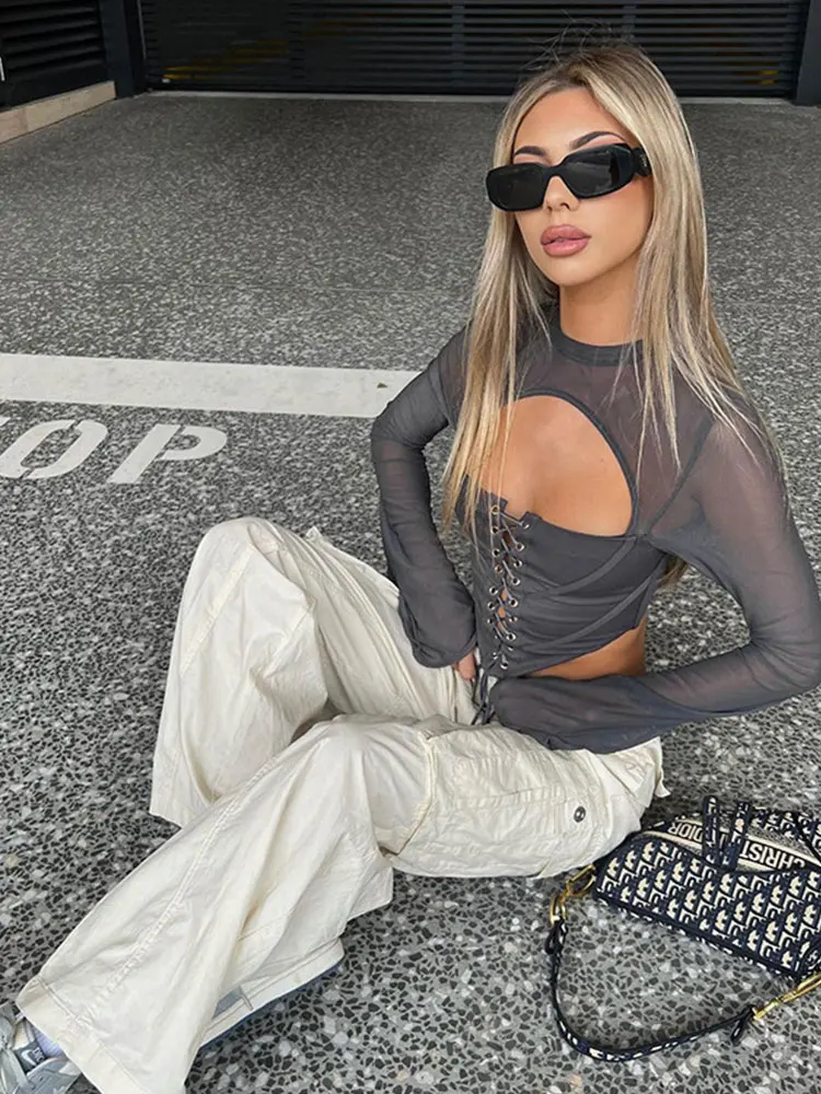 

Kalevest Y2K бюстье уличная одежда корсет Топы серые Феи гранж женские топы сексуальный топ с длинным рукавом на шнуровке женская одежда