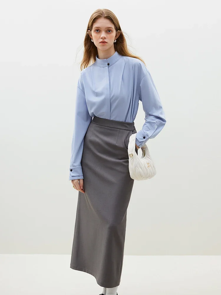 Женская Однотонная рубашка с воротником-стойкой и двойными манжетами