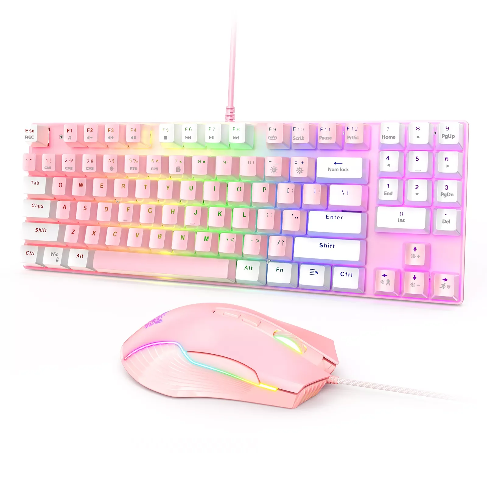 

New Gaming Mechanical Keyboard, 89-keys Blue Switch USB Wired Keyboard + RGB Backlit Wired Gaming Mouse, Black/Pink For PC Gamer
