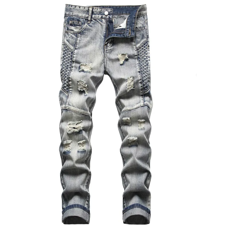 

2021 New Fashion Mens Cotton Ripped Hole Jeans Casual Slim Retro Jeans Men Trousers Male Hip hop Denim Pants pantalon homme