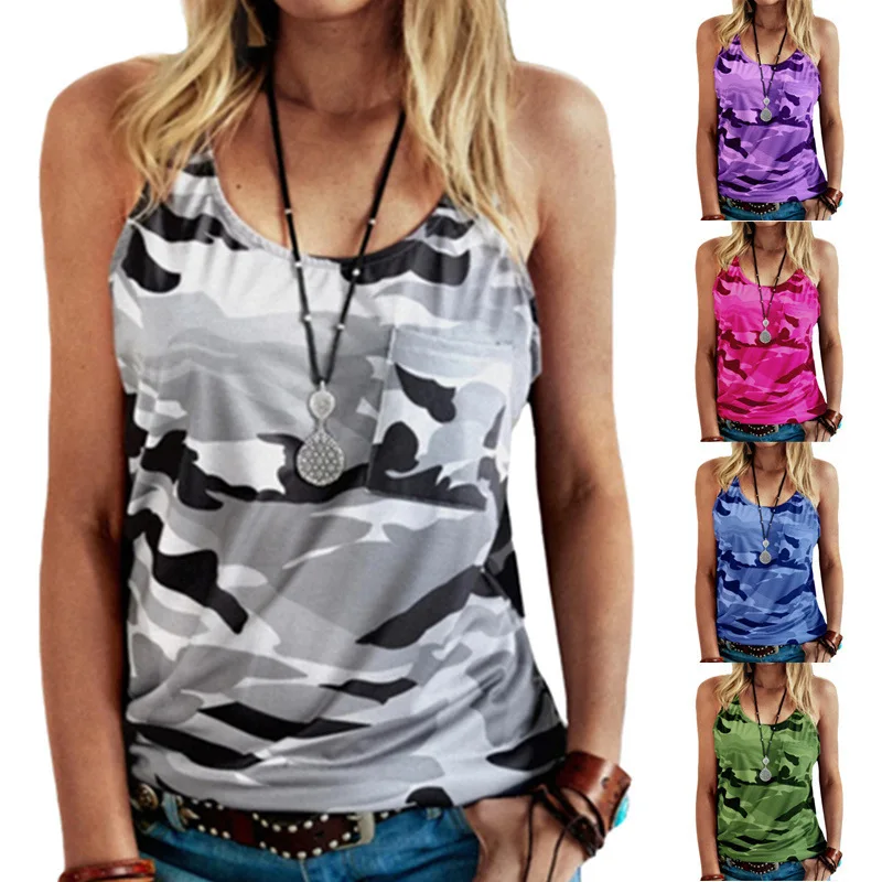 

Summer Women's Camouflage Vest Sleeveless T-Shirt Cami Casual Tank Top Female Loose Clothes S-5XL Grey Blue Pink Green Purple