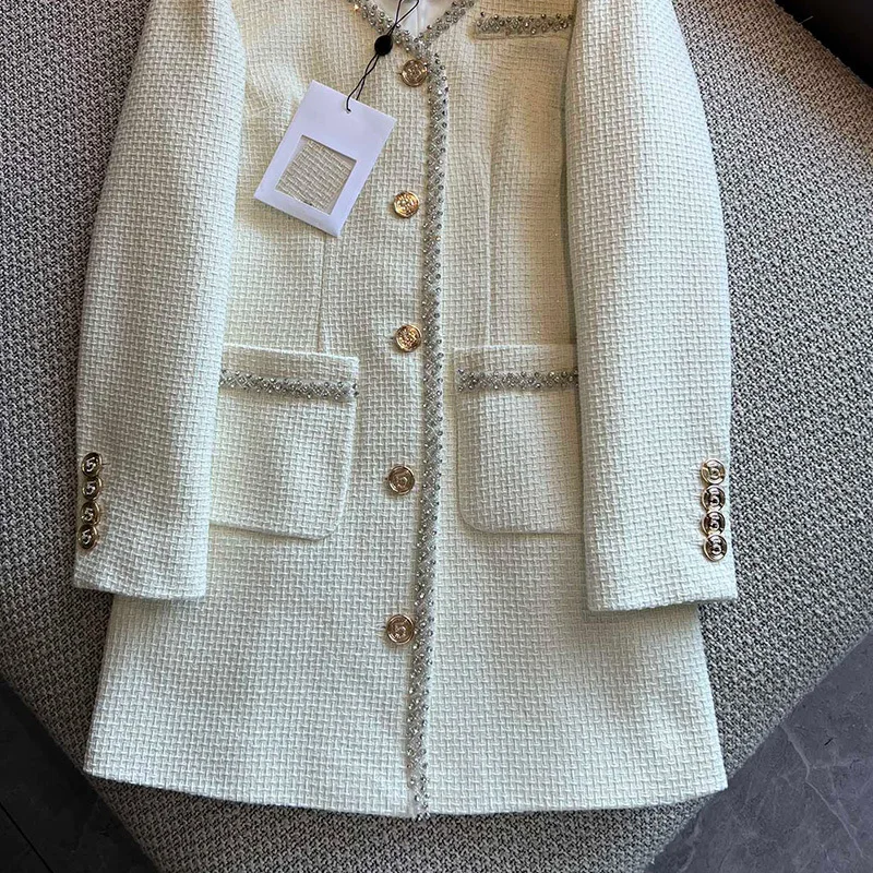 

Женский твидовый пиджак средней длины, элегантный белый однобортный жакет из смесовой шерсти с круглым вырезом, осенняя одежда