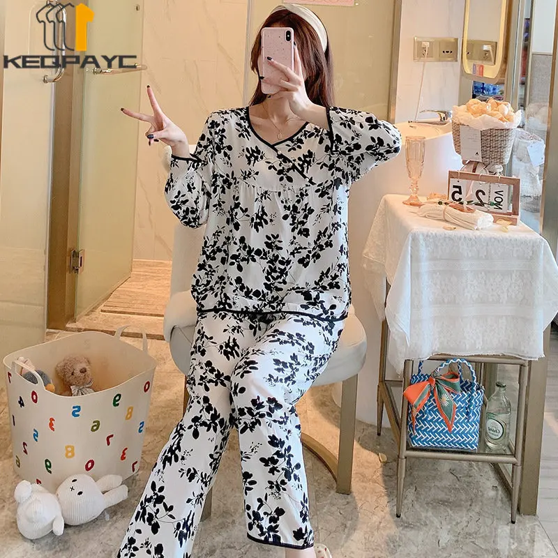 Women's Pajamas New 2023 Spring Autumn Long Sleeve Thin Sleepwear Pyjamas Women Plaid Floral Casual Nightwear Clothing Sets
