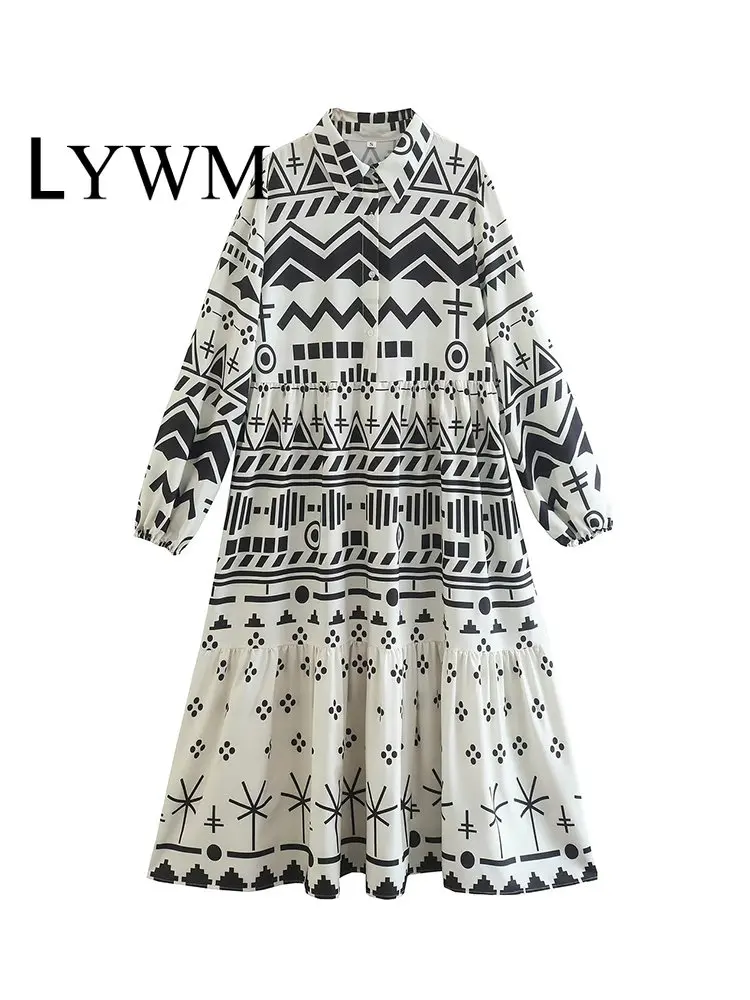 

Женское модное однобортное платье миди LYWM с принтом, винтажные шикарные женские платья с отложным воротником и длинными рукавами