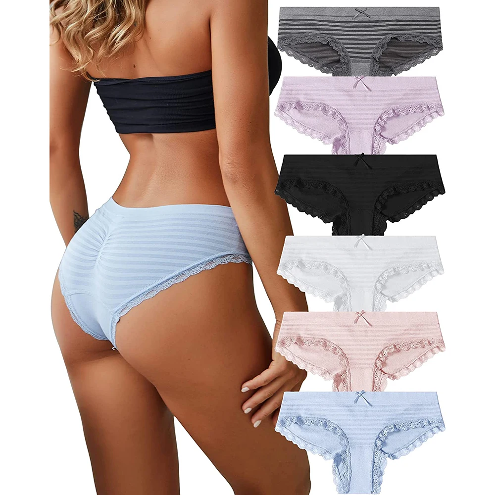 

Women Sexy Underwear Cheeky Bikini Panties Lace Stretch No Show Low Rise Hipster Nylon Breathable Soft Striped 4 Pack