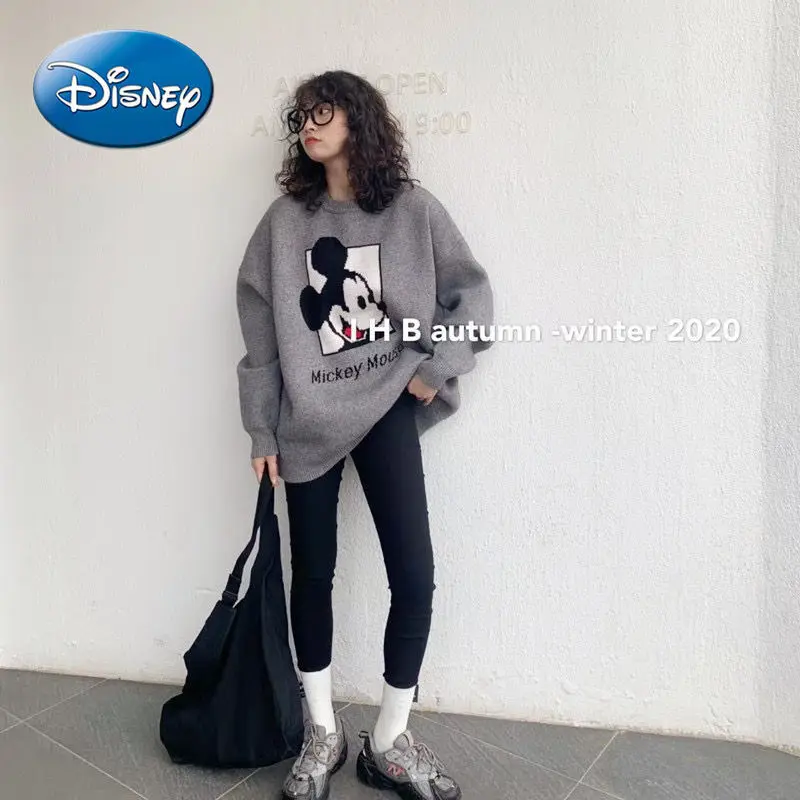 

Новинка Осень-зима 2022 от Disney, жаккардовый Свободный Повседневный Универсальный пуловер с круглым вырезом спереди и сзади с Микки Маусом