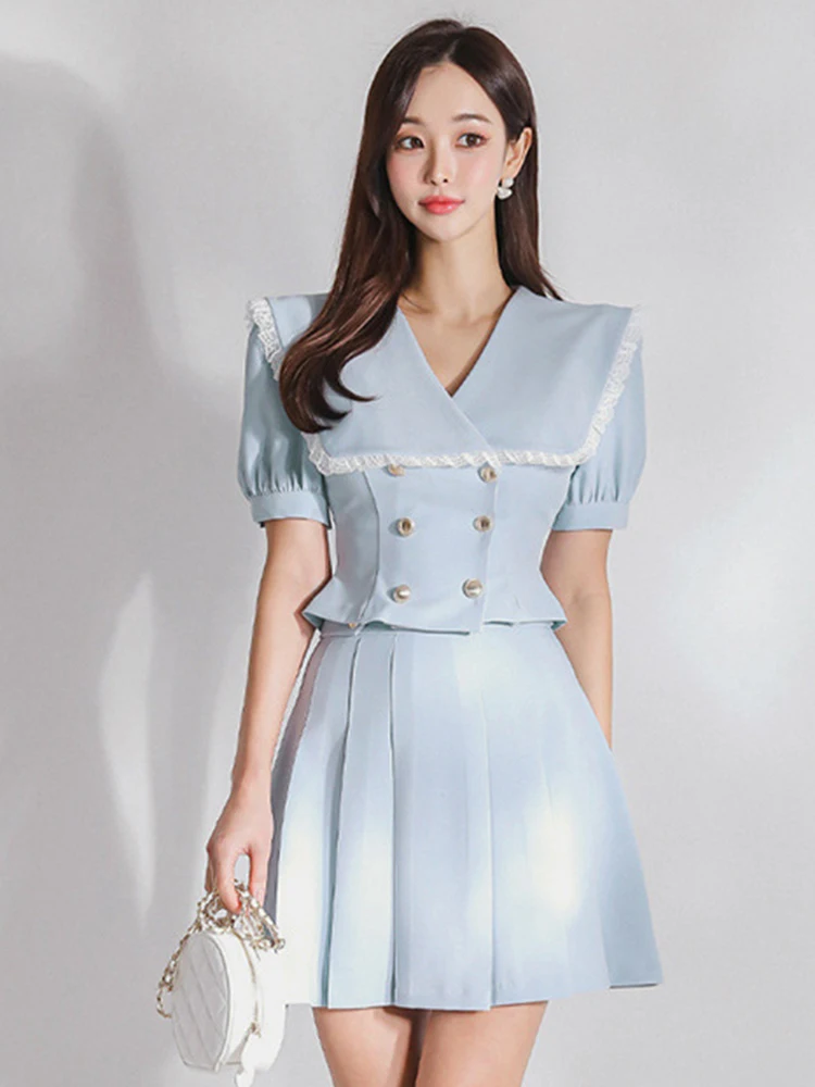 

Женский офисный комплект из 2 предметов, элегантный строгий короткий топ и блузка в стиле ретро, плиссированная мини-юбка с высокой талией для лета