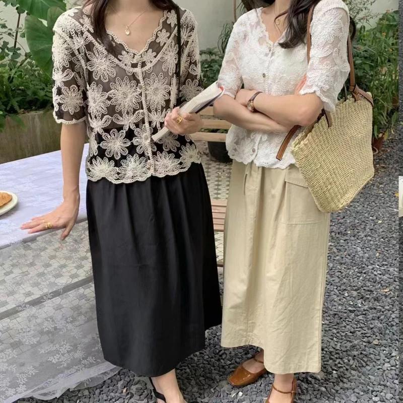 

See Through Solid Color Cover Up Coat Crochet Flower Lace Blouse Thin Cardigan
