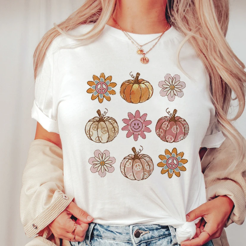 

Clothing Pattern Kawaii T-shirt Top Fashion Summer O-Neck T-shirt Trend Cute Pumpkin Print Short Sleeve Women's White T-shirt.