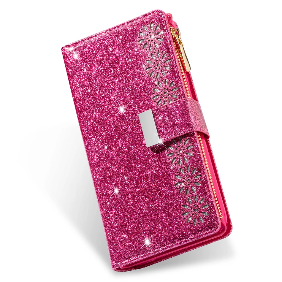 Luxury Bling Glitter Case For Samsung Galaxy S22 S21 S20 FE S10e S10 5G S9 S8 S7 S6 Edge Note 20 10 Zipper Multi-function Cover