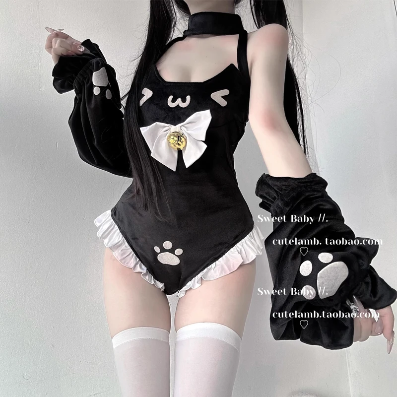 Фото Милое боди Neko для девочек с лямкой на шее и большим бантом на спине, женское облегающее боди без рукавов с рюшами в стиле пэчворк, кошка-горничная, косплей, униформа Sukumizu №2