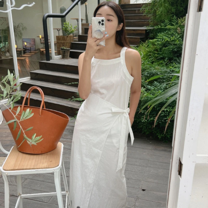 

Женское платье без рукавов на бретельках, облегающий сарафан средней длины на завязках в Корейском стиле, лето 2023