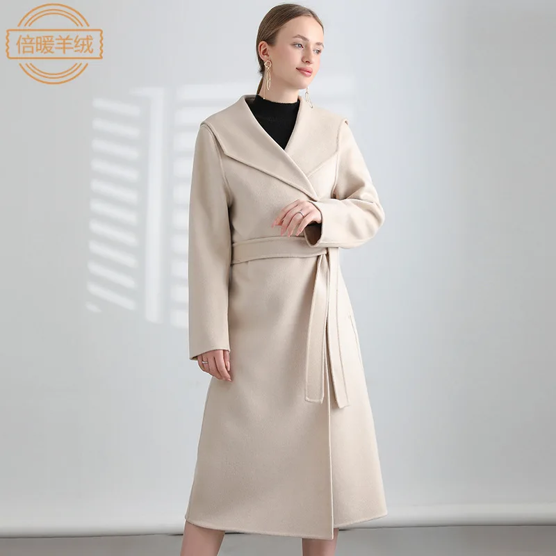 

Женское двухстороннее кашемировое пальто, свободное шерстяное пальто средней длины с воротником в морском стиле, осень/зима 2023