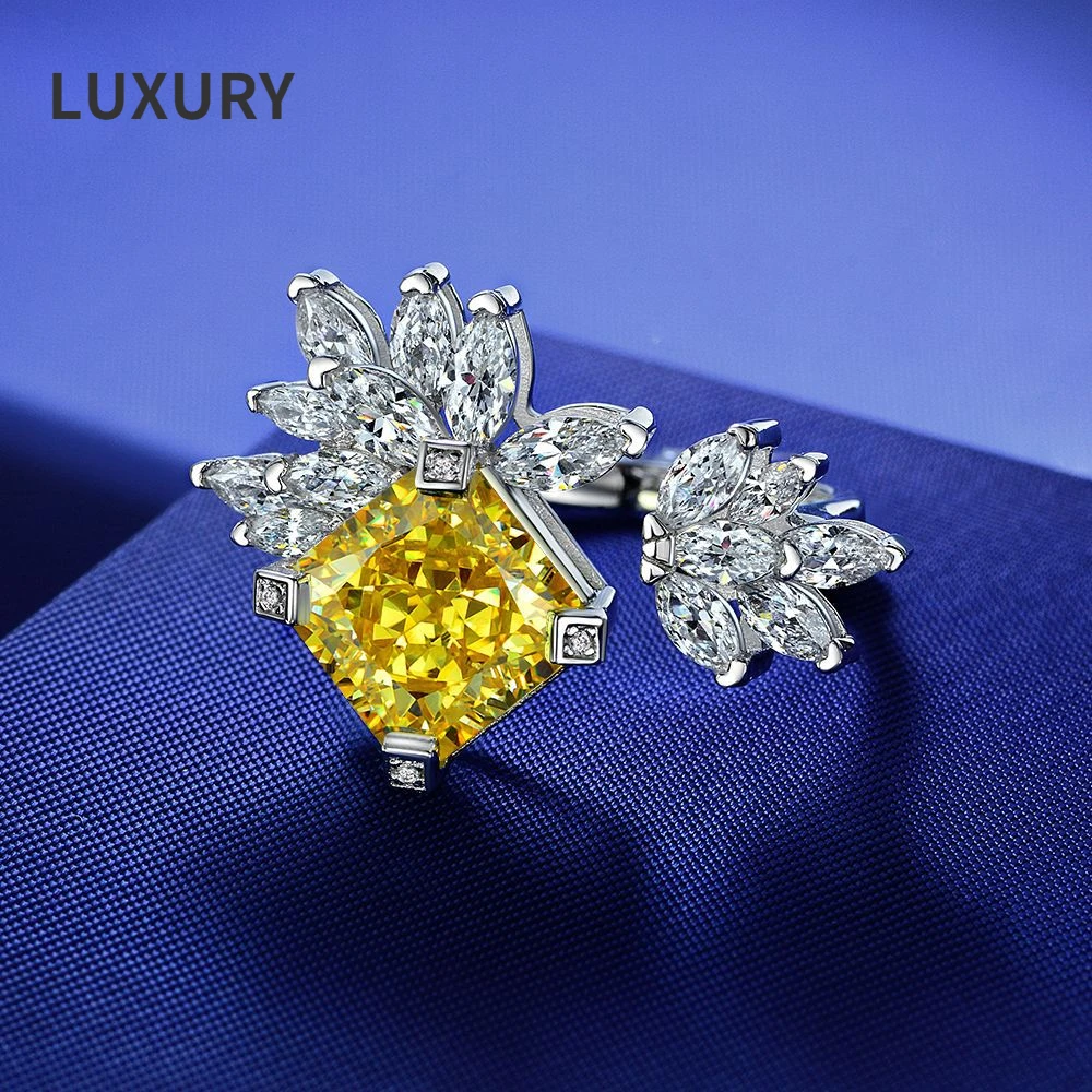 

Luxury S925 Sterling Silver 10*10mm 10CT Yellow High Carbon Diamond Ice Flower Cut Ring For Women Sparkling Party Fine Jewelry