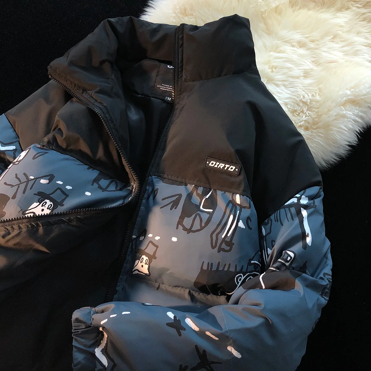 2022 Harajuku Graffiti Cartoon Print Stitching Cotton-padded Jacket Men Street Popular All-match Warm Winter Jacket Men Coat