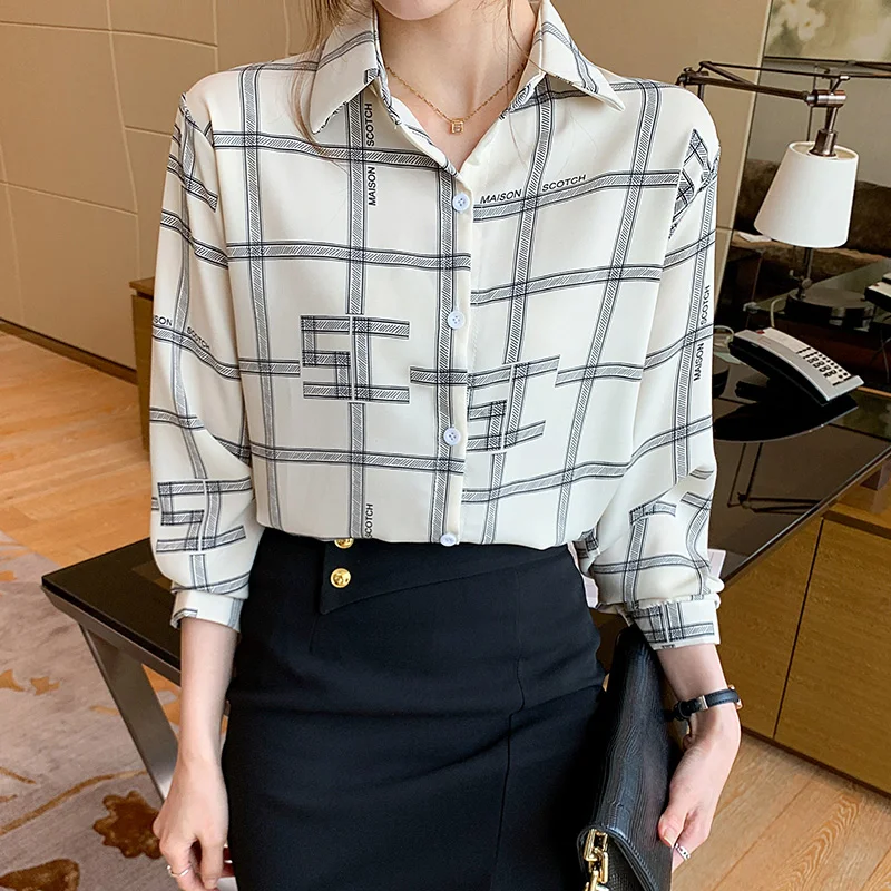 

Plaid Shirt Women's Autumn Office Printed Long Sleeved Shirt Casual Chiffon Single Breasted Lightweight Shirt Sleeve Shirts st67