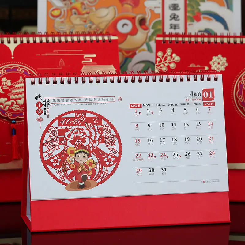 

Настольный календарь с горячей штамповкой, календарь с большим заячьим годом, китайский красный праздничный календарь, настольные украшения для бизнеса и офиса в китайском стиле, 2023
