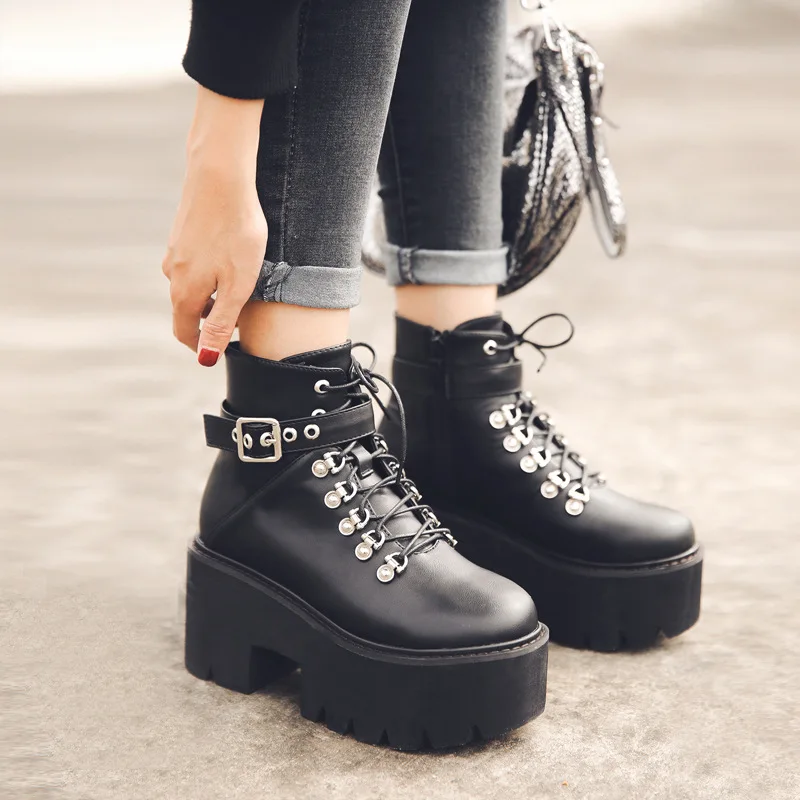 

Autumn Winter Chunky Heel Platform Boots Lace-up Black Gothic Boots Women Plush Inside Comfortable Sexy Buckle Footwear