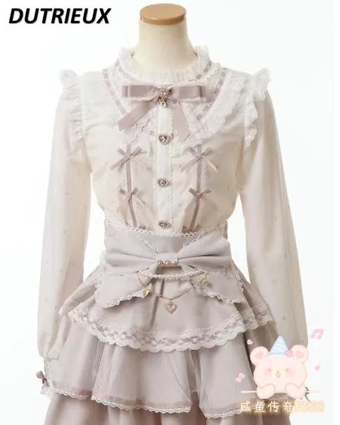 Женская блузка с длинным рукавом Милая Кружевная рубашка вышивкой и бантом