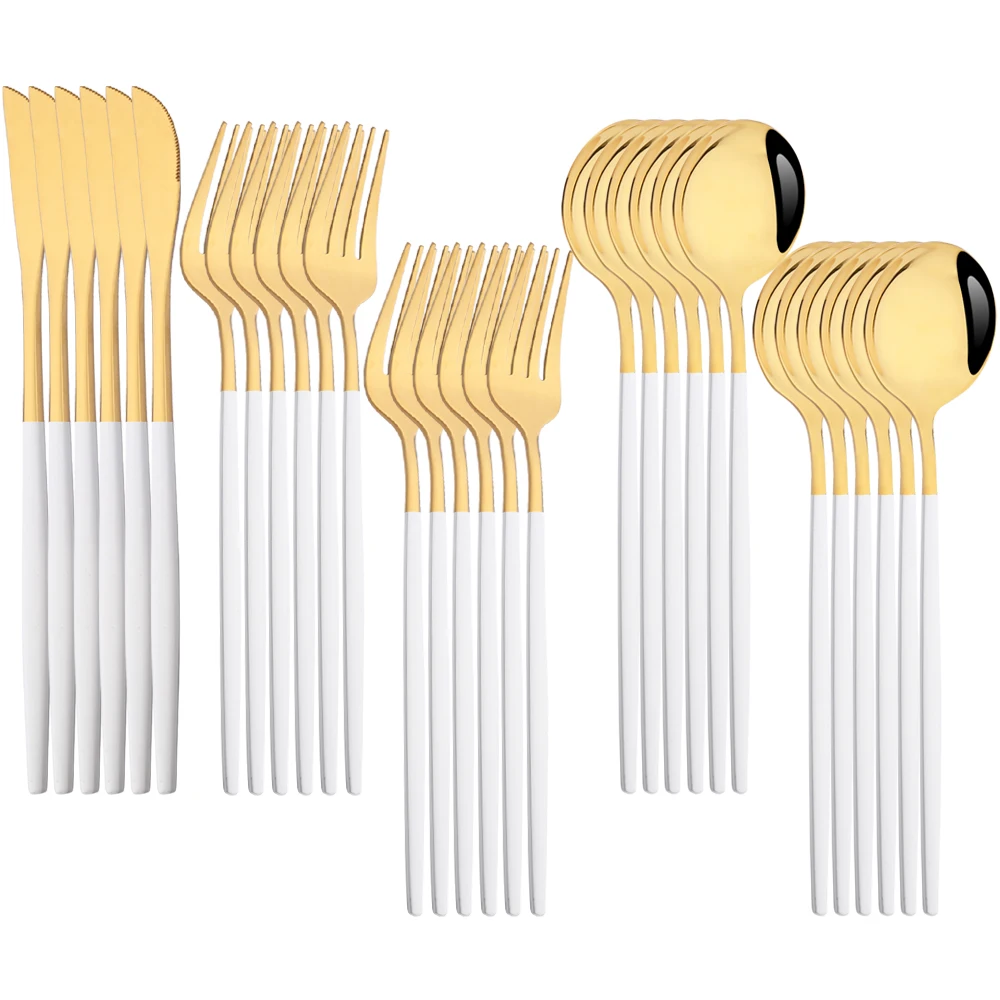 

Kitchen 30Pcs White Gold Tableware Luxunry Stainless Steel Cutlery Set Western Silverware Set Knife Fork Spoons Dinnerware Set
