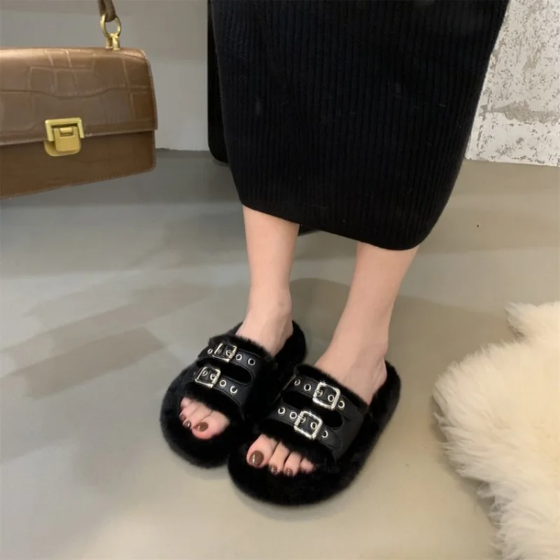 Personality Metal Slippers Winter Women Fur Keep Warm Bedroom Cotton Shoes 2022 New Flat Shoes Indoor Casual Ladies Fur Slides