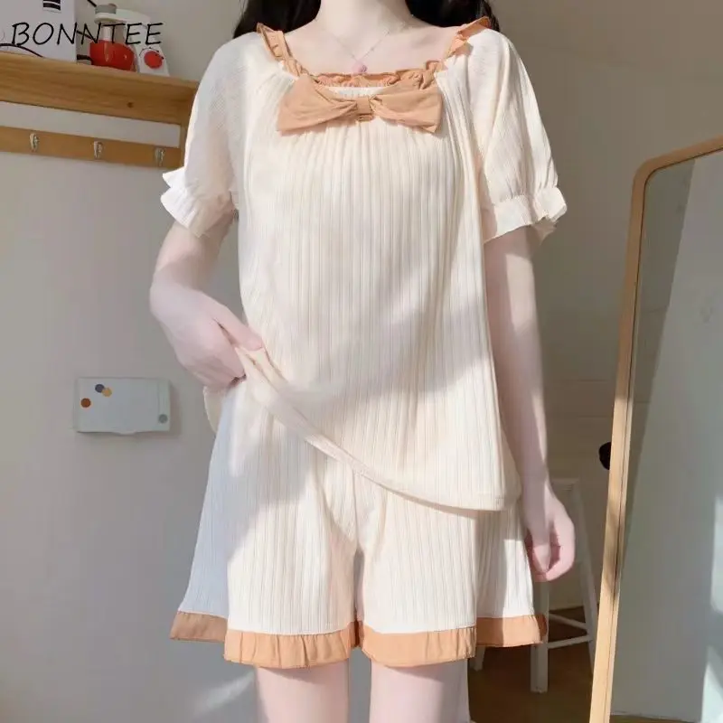 

Pajama Sets Women Bow Kawaii Summer New Arrival Home Sleepwear Fashion Soft Casual Ulzzang Tender Girlish Feminino Sweet Young