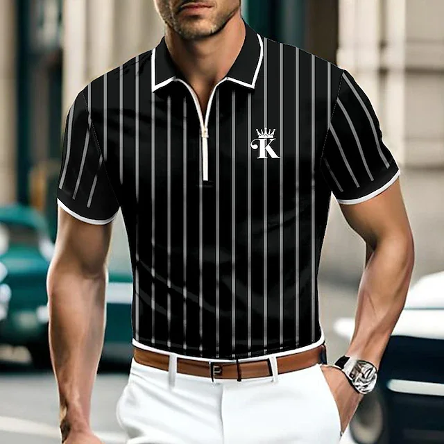 

Stripe Men's Polo Shirts Fashion Short Sleeve Business Office Tops Summer Casual Zipper Shirt Oversized Streetwear Men Clothing