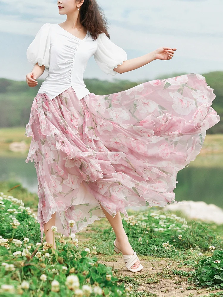

Free Shipping Boshow 2022 New Fashion Bohemian Chiffon A-line Long Mid-Calf Summer Elastic Waist Pink Women Print Skirts S-L