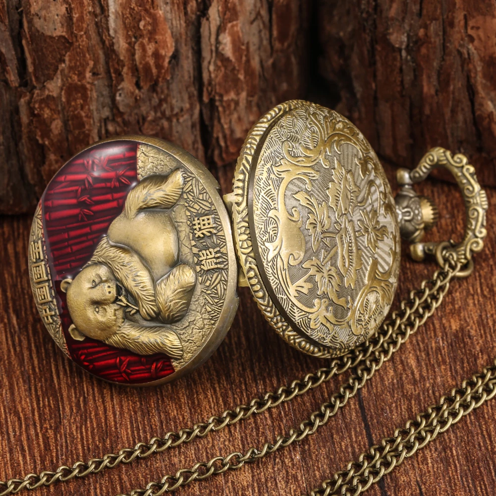 Vintage Pocket Watch Quartz 3D Creative Red Giant Panda Carving Souvenir Gift for Men Women Fob Watch Chain Animal Pedent Clock