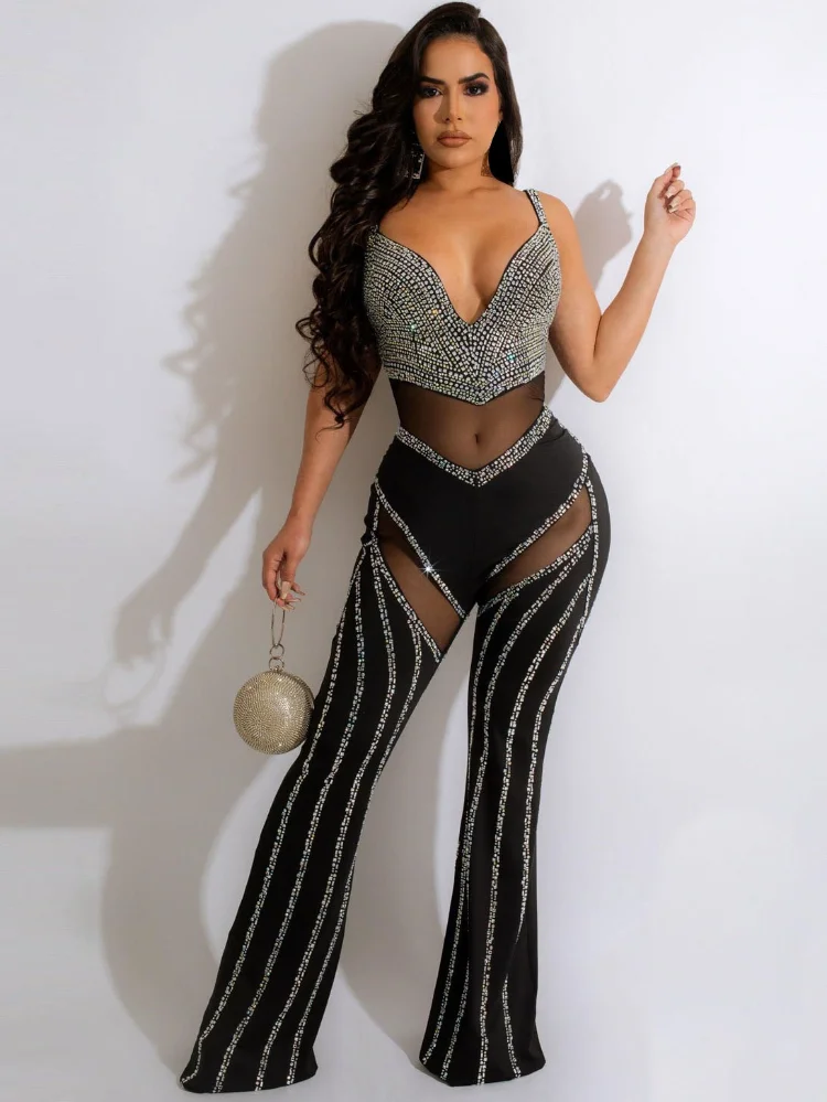 

WUHE Sheer Mesh Patchwork Diamonds Jumpsuit Women Sexy V Neck Spaghetti Straps Backless Flare Pants Clubwear Party Overalls