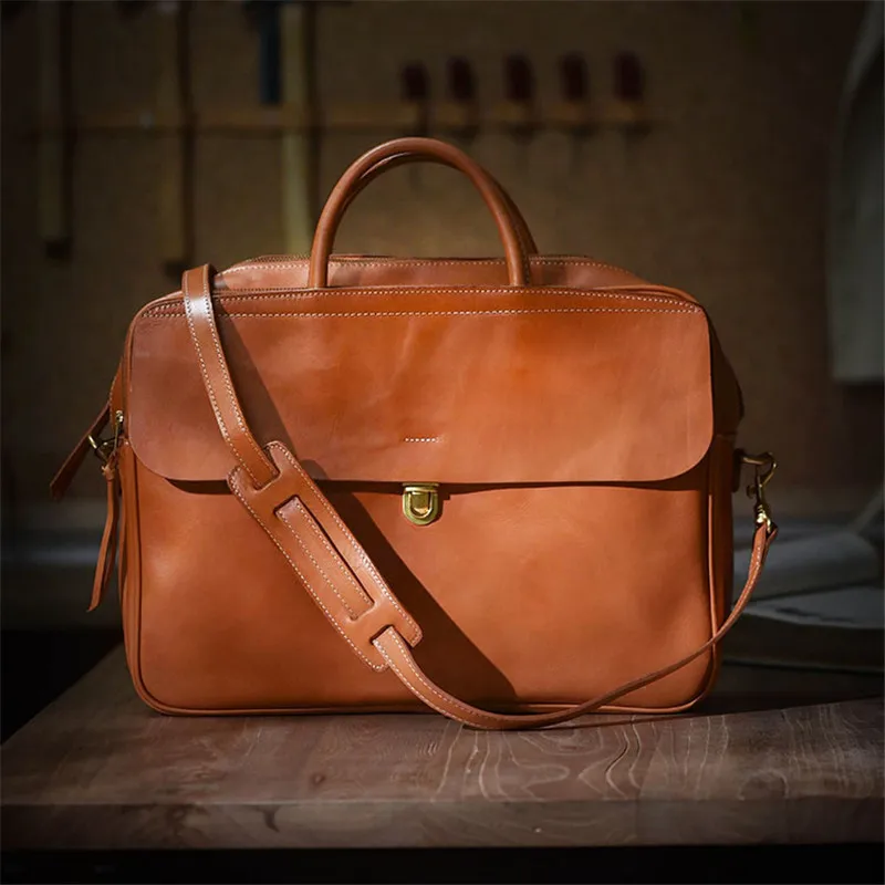 Vintage genuine leather men women's briefcase business casual luxury natural real cowhide handbag designer luxury messenger bag