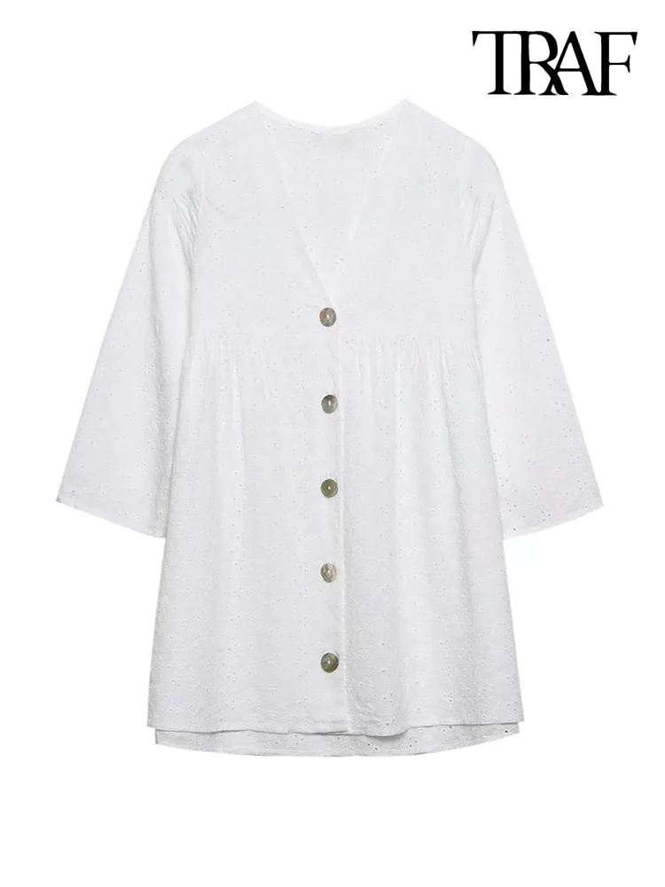 

TRAF Women Fashion Cutwork Embroidered Mini Dress Vintage Three Quarter Sleeves Front Buttons Female Dresses Vestidos Mujer