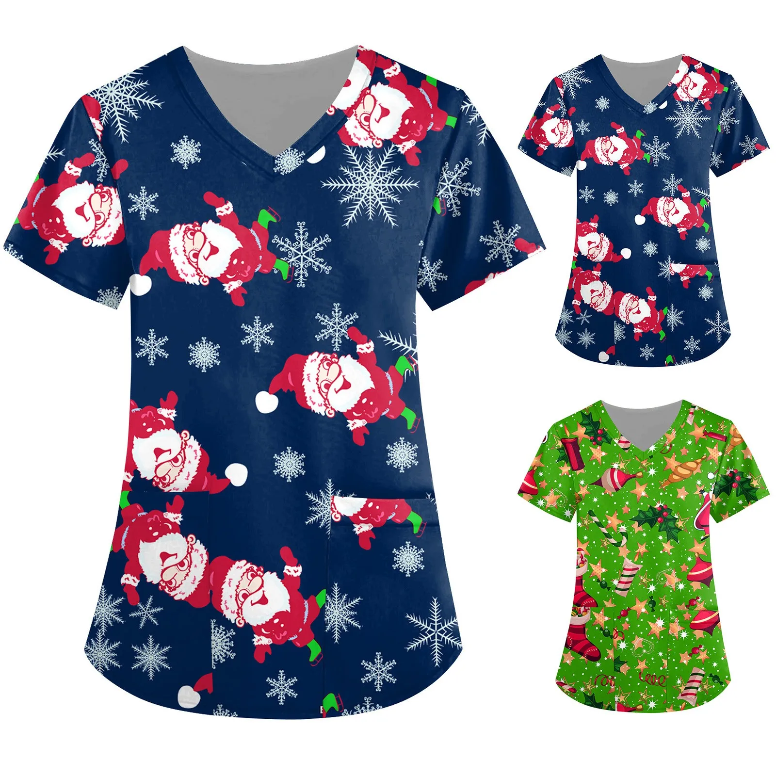 

Рождественская униформа медсестры, женские топы с коротким рукавом и мультяшным принтом Санта-Клауса, медицинская униформа для медсестры, рабочая одежда для медсестры