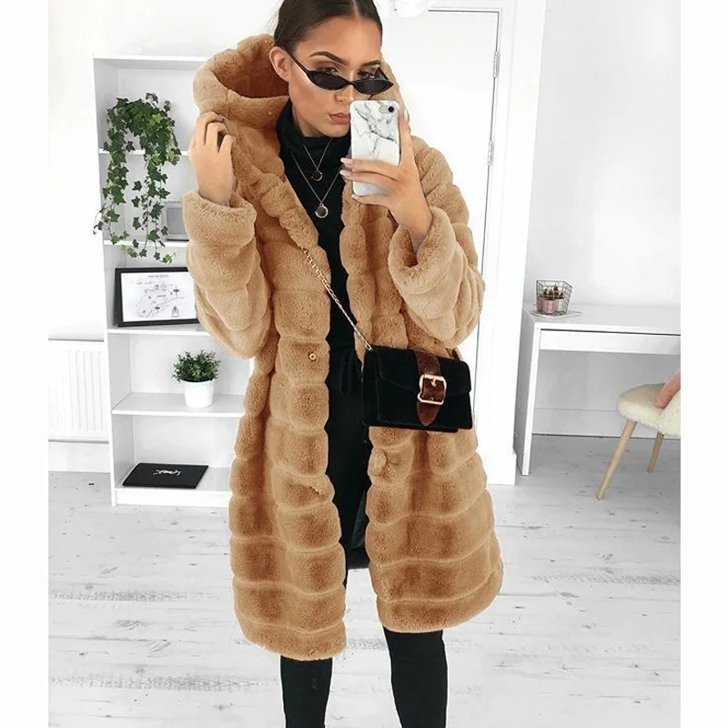 Autumn  winter long fox fur faux fur coat women's medium long Korean fashion fitted hooded warm coat pure color long jacket