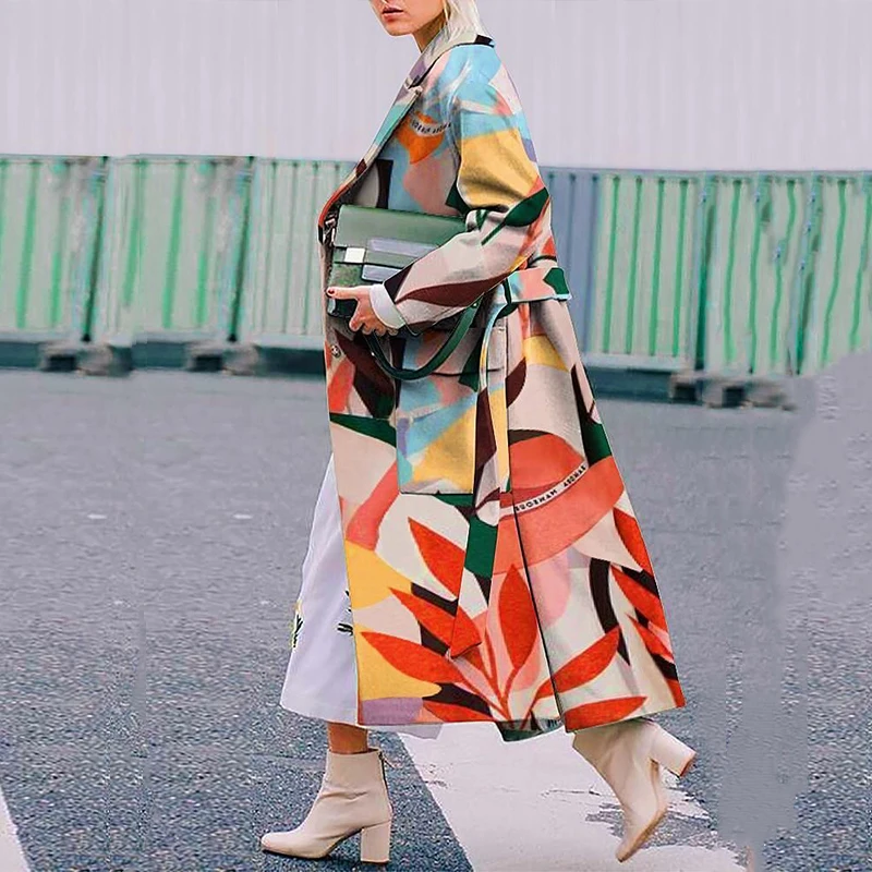 

Streetwear Women Coats Autumn And Winter Fashion Trend Graphic Printing Overcoats Ladies Casual Loose Buttoned Lapel Long Jacket