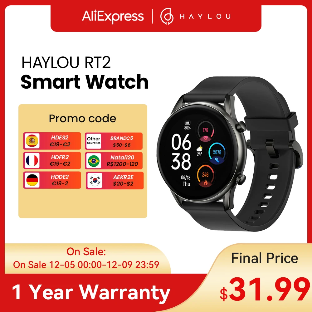  HAYLOU RT2 smart watches Custom watch face Blood oxygen monitor 12 Sport Models Heart Rate Monito Sleep monitor IP68 Waterproof 