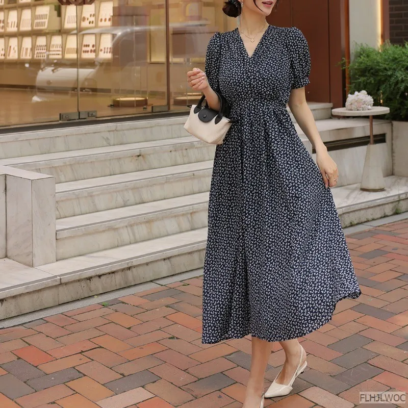 Женское длинное платье с цветочным принтом элегантное черное шикарное корейское