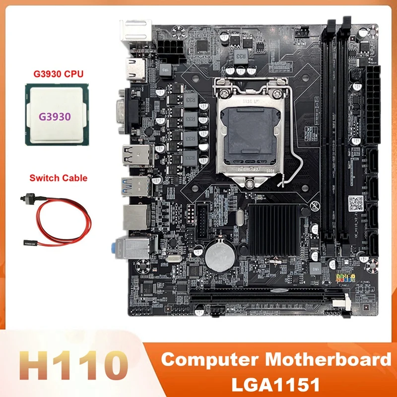 H110 Computer Motherboard LGA1151 Supports Celeron G3900 G3930 CPU Supports DDR4 Memory With G3930 CPU+Switch Cable
