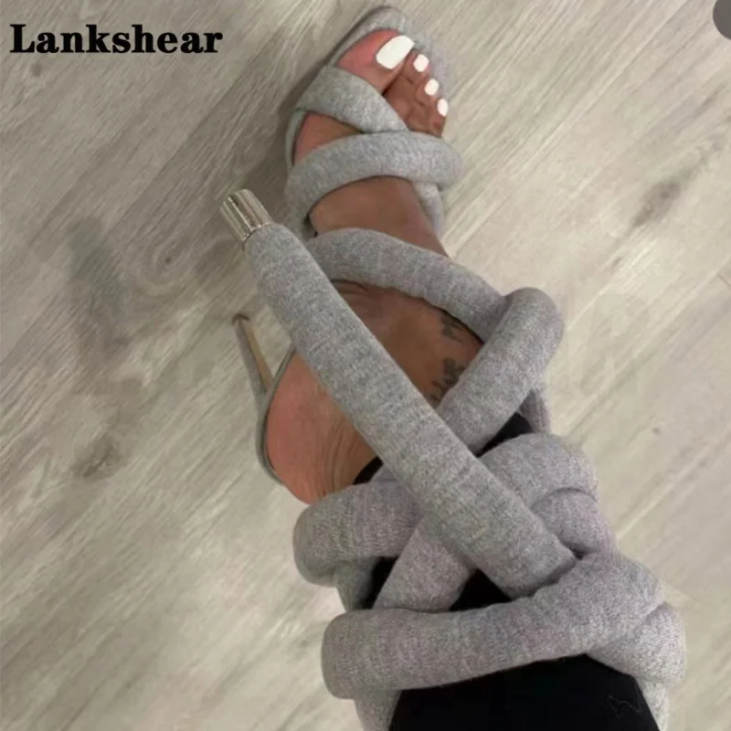 Grey Ring with Super High Heel Cross Strap Sandals Square Toe Stiletto Women's Sandals Foot Fashion Catwalk Sandals Women