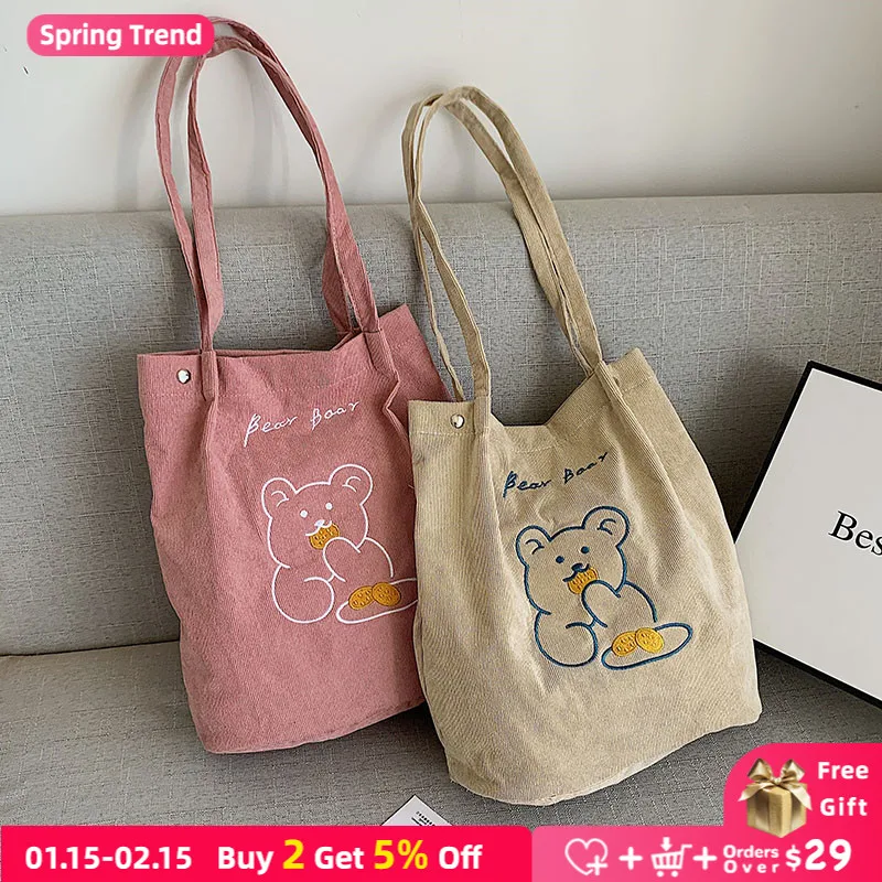 

Cute Bear Women's Tote Shoulder Bag Cartoon Embroidered Female Large Shopping Bags Corduroy Student Girls Class Book Handbags