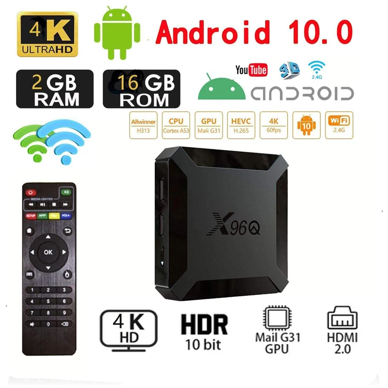 

ТВ-Приставка Smart TV, 16 ГБ, Android 10, X96Q, 4K, HDMI, 2.0A, 2,4G, Wi-Fi, Allwinner H313, четырехъядерный процессор, 1 ГБ, 8 ГБ, 2 Гб, медиаплеер, ТВ-приставка