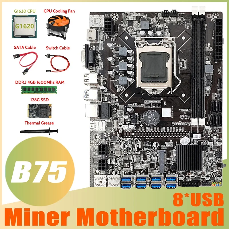 

B75 BTC Mining Motherboard 8XUSB3.0+G1620 CPU+DDR3 4GB RAM+128G SSD+Fan+SATA Cable+Switch Cable+Thermal Grease
