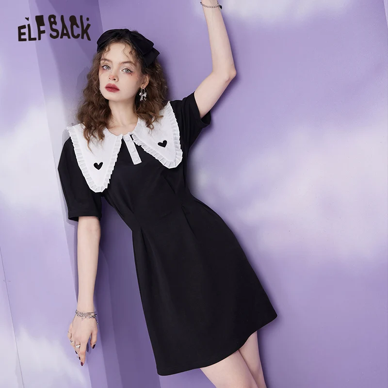 ELFSACK Black Doll Collar Dress Women 2022 Summer High Waist Dress High Waist Ladies Daily Dress