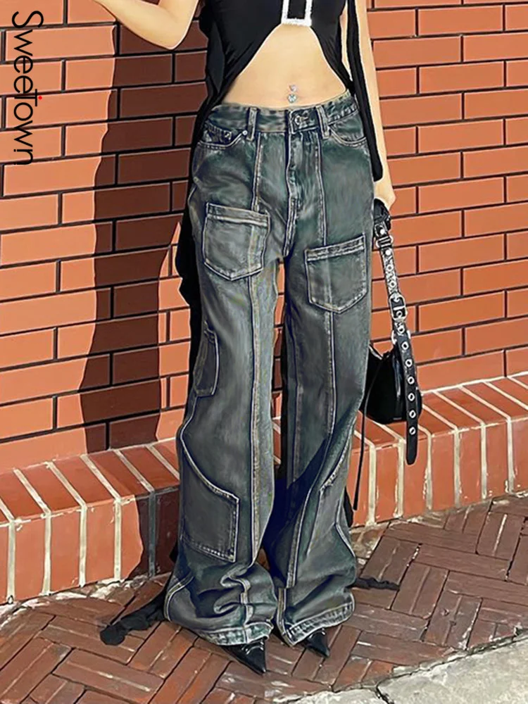 

Джинсы-карго в американском стиле ретро с карманами, стирка водой, прямые брюки в стиле 90-х, женская уличная одежда в Корейском стиле с низкой посадкой