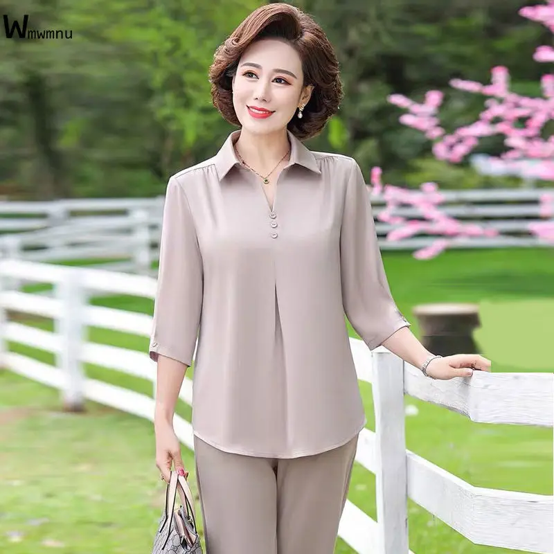 

Summer Plus Size 7XL Blouses Chiffon Shirts Mom Korean Elegant Loose Tops Half Sleeve Solid Clothing Casual Wholesale Pullovers