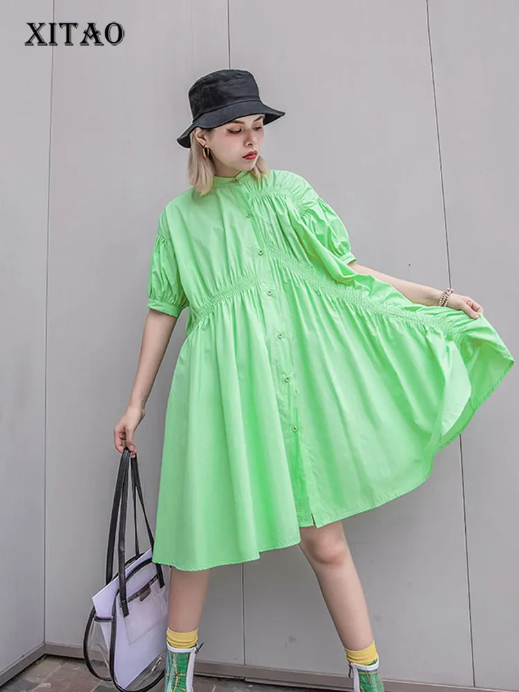 

[XITAO] 2019 New Europe Casual Loose Solid Color Short Sleeve Stand Collar Fashion Dress Women Summer Above Knee Dress WBB3758