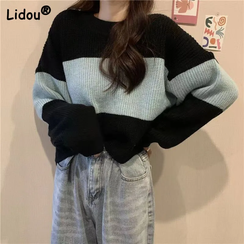 

Popularity Stripe Loose Sweater 2022 Autumn New Women Vintage Hong Kong Style Ins Lazy Short Solid Color All-match Knitting Top