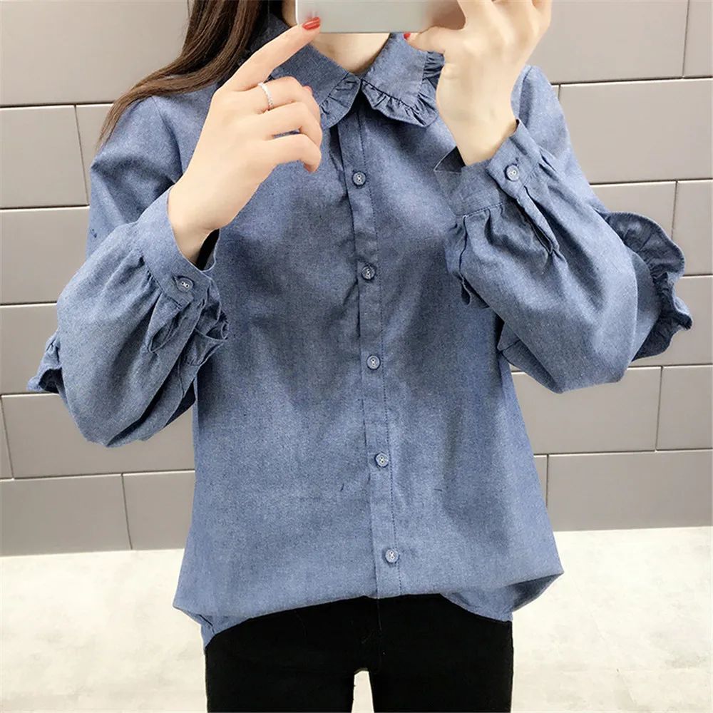 

Denim Shirt Blouse Women Falbala Fashion Lantern Sleeve Peter Pan Collar Single-Breasted Female Casual Tops Blouse Shirts 2022