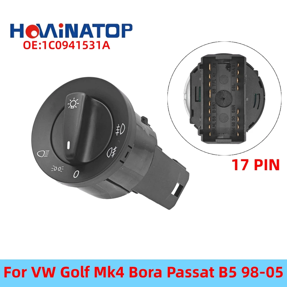 Фото HOWINATOP 1C0941531A 17-контактный 3-позиционный переключатель управления фарами с красной подсветкой для VW Golf Mk4 Bora Passat B5 98-05, замена OEM №1